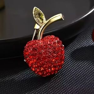 Elegant Women’s Red Apple Brooch With Rhinestones Zinc Alloy Jewelry NWT